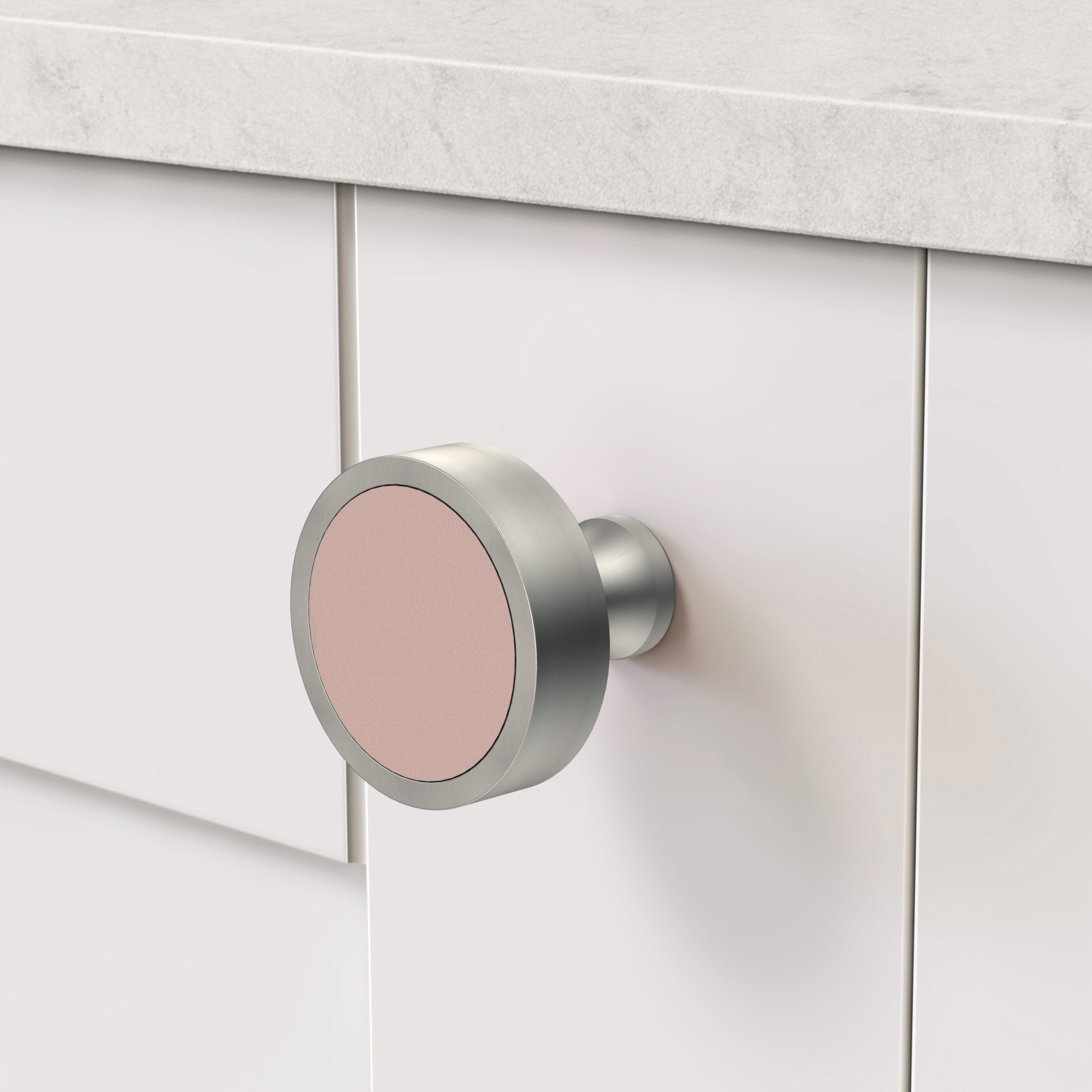 Brass & Pink Leather Round Door Knobs in Silver