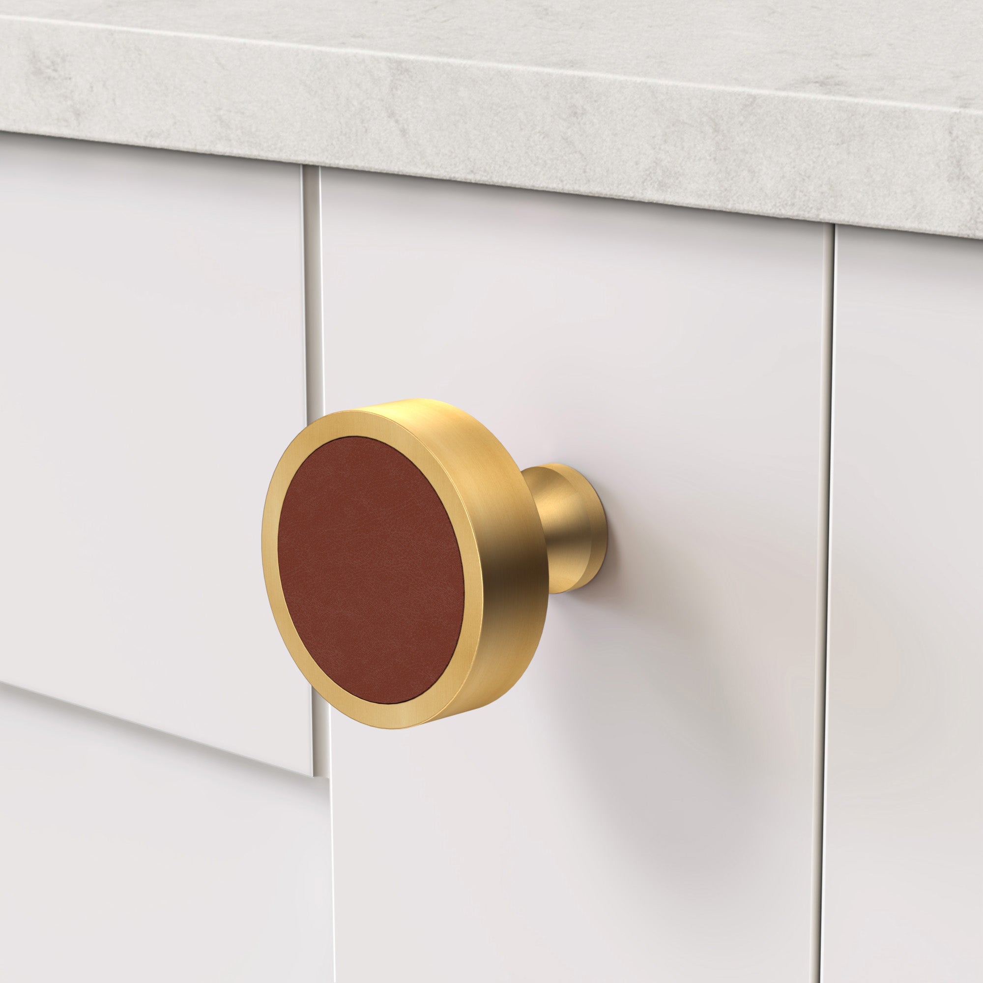 Brass & Brown Leather Round Door Knobs in Gold
