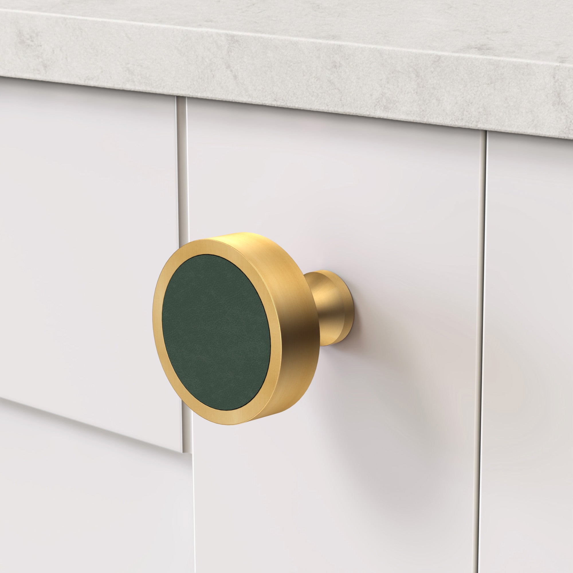Gold & Leather Round Door Knobs in Green