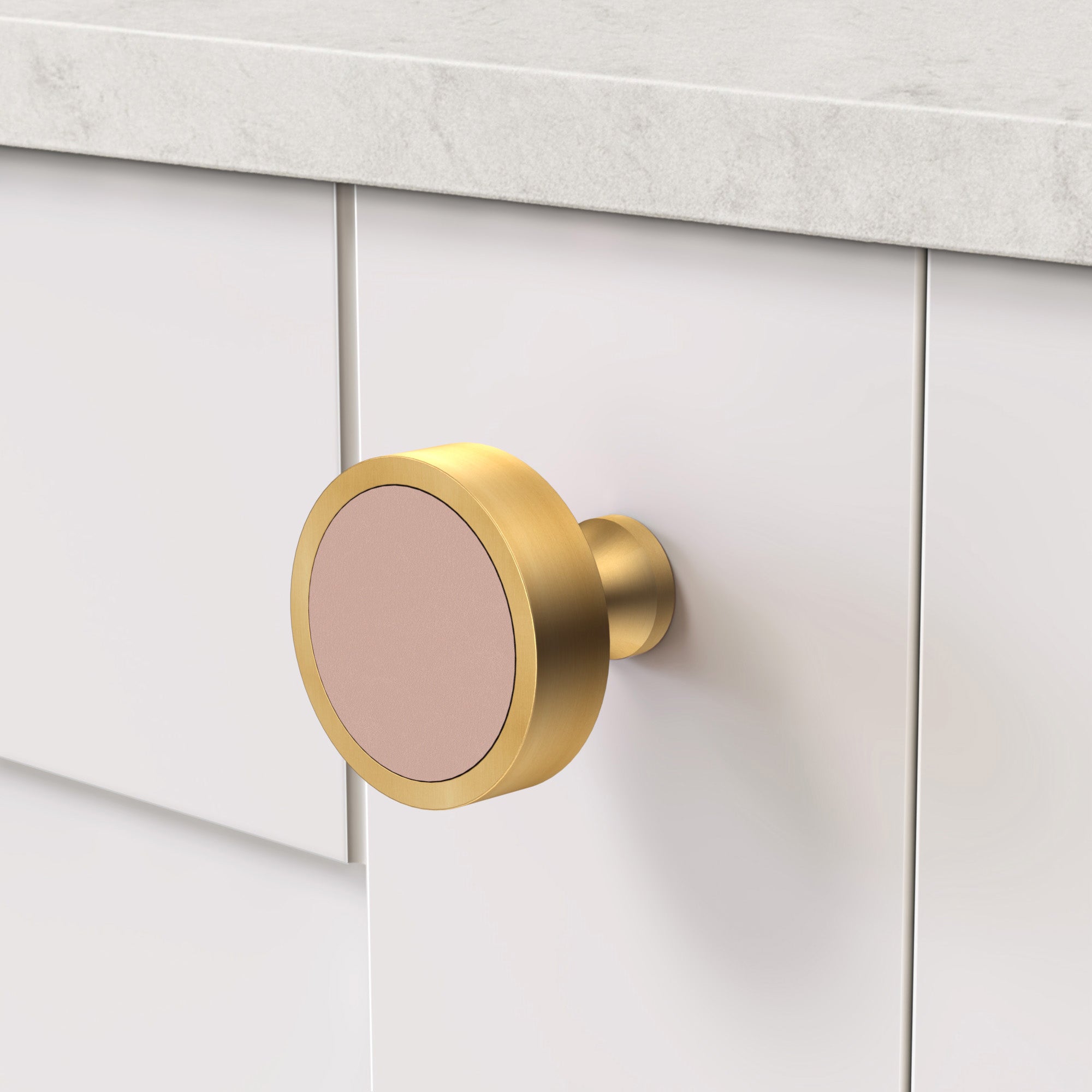 Brass & Pink Leather Round Door Knobs in Gold