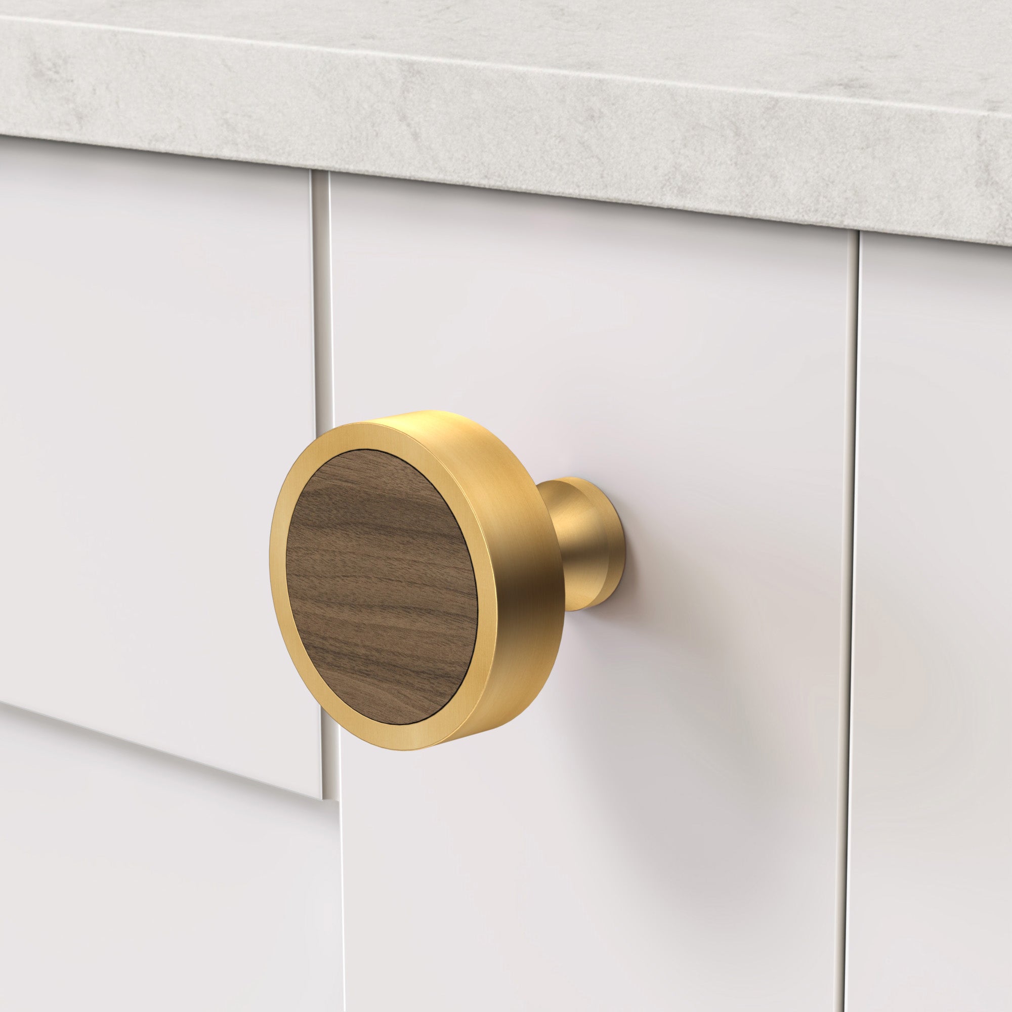 Brass & Walnut Wood Round Door Knobs in Gold