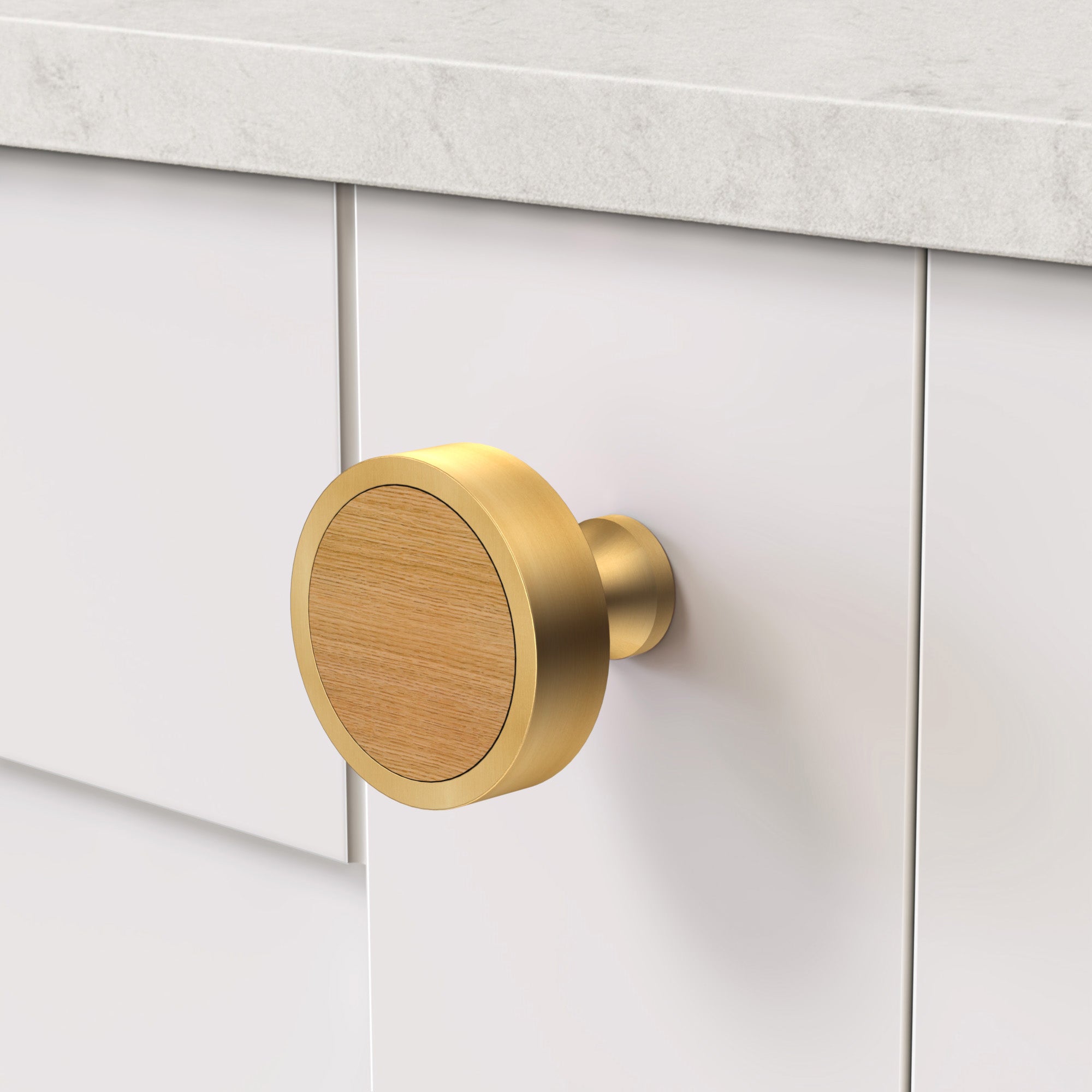 Brass & Oak Wood Round Door Knobs in Gold