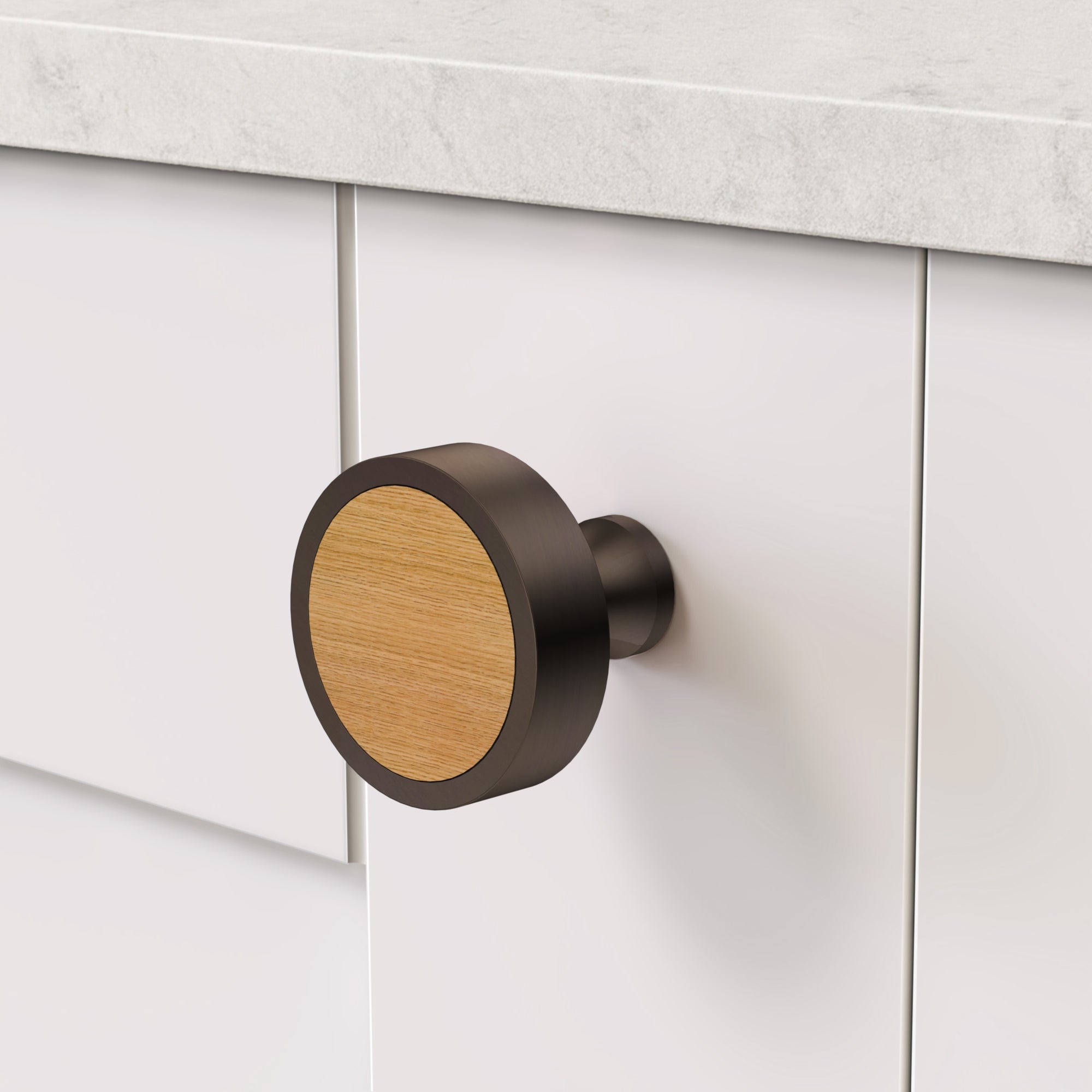 Brass & Oak Wood Round Door Knobs in Bronze