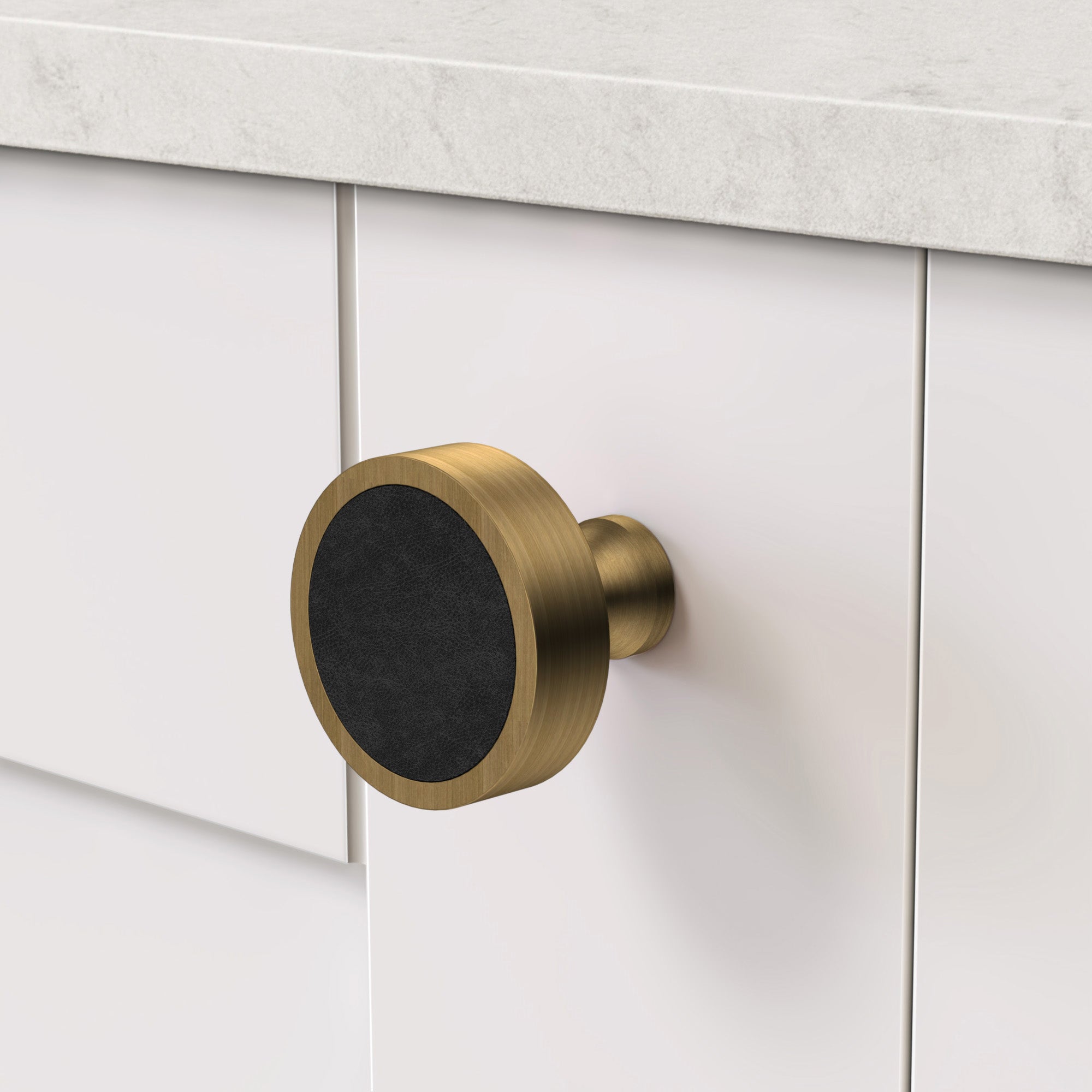 Brass & Black Leather Round Door Knobs in Antique