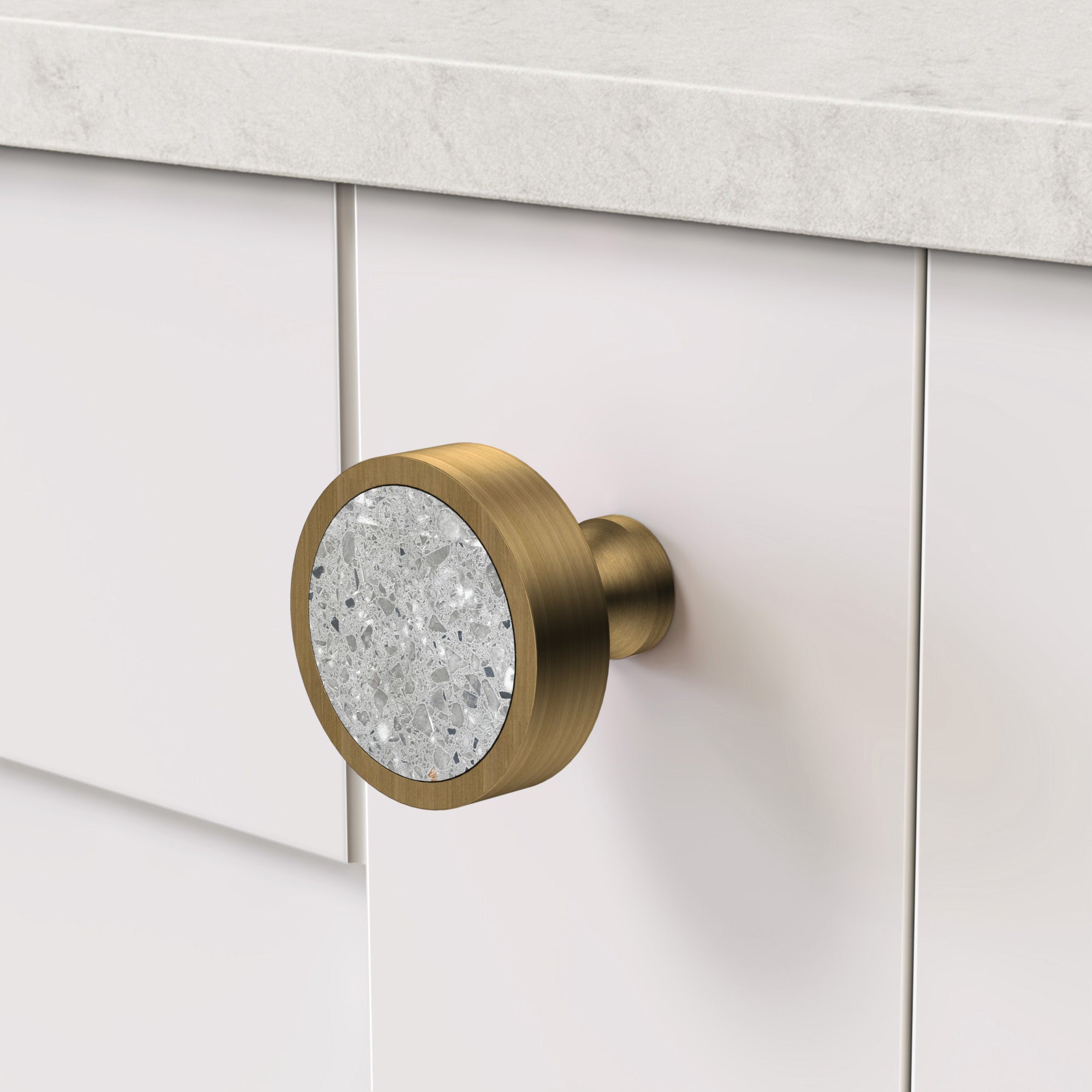Brass & Grey Terrazzo Round Door Knobs in Antique