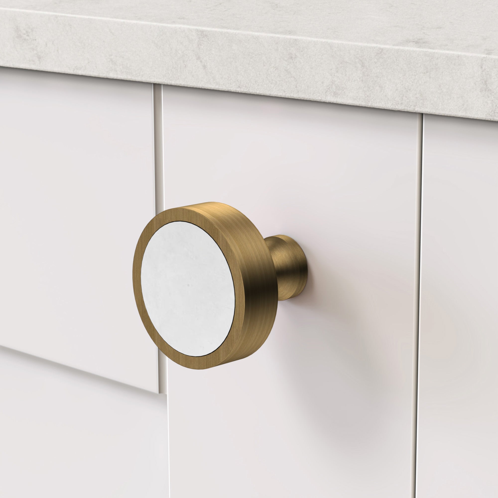 Brass & White Terrazzo Round Door Knobs in Antique