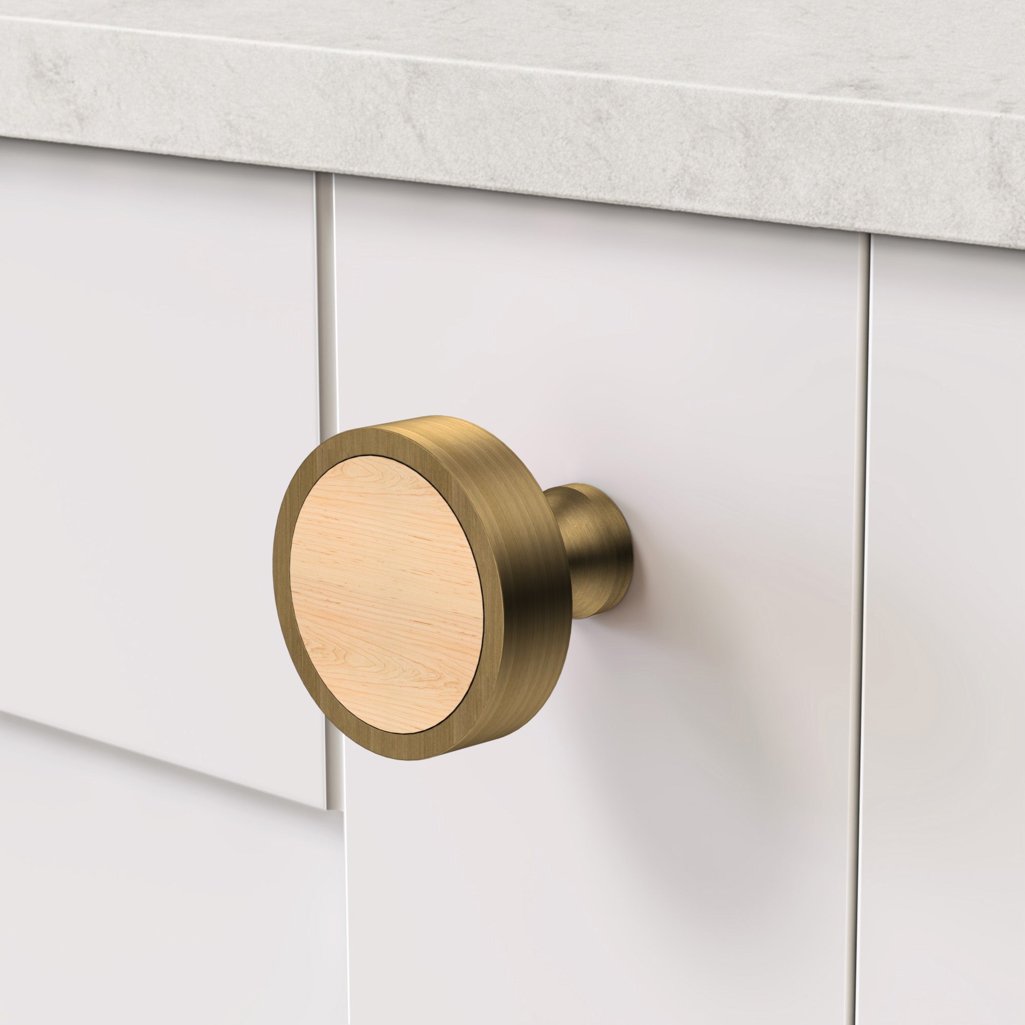 Brass & Maple Wood Round Door Knobs in Antique