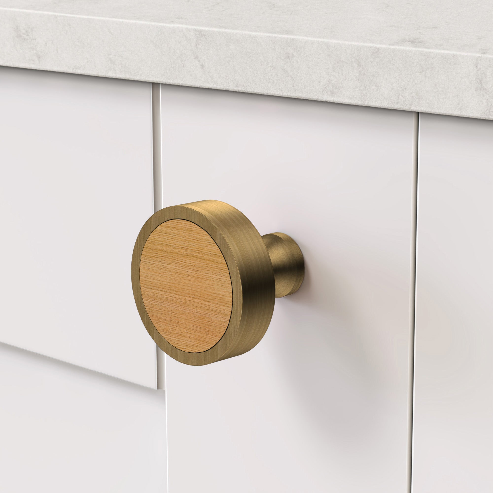 Brass & Oak Wood Round Door Knobs in Antique