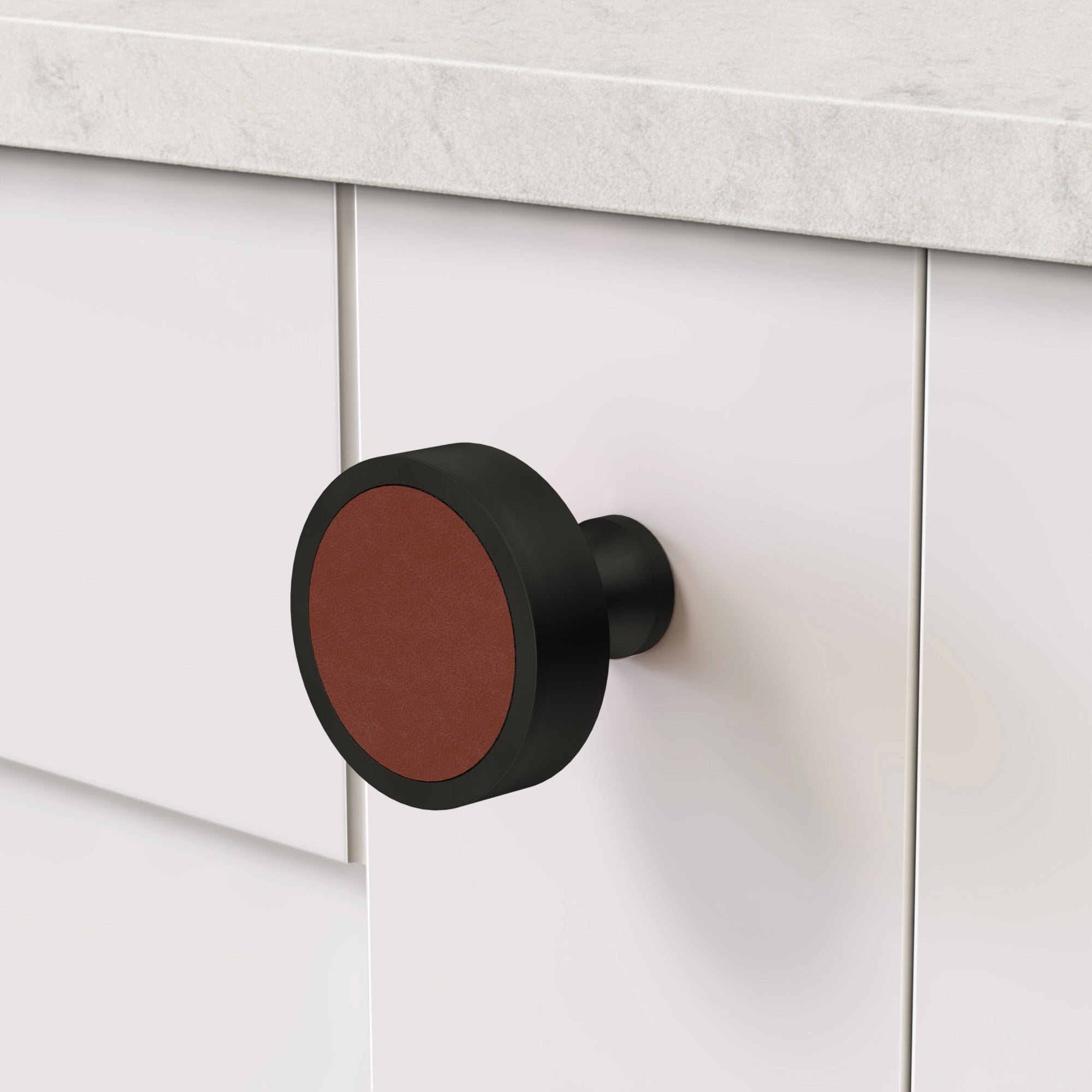 Brass & Brown Leather Round Door Knobs in Black