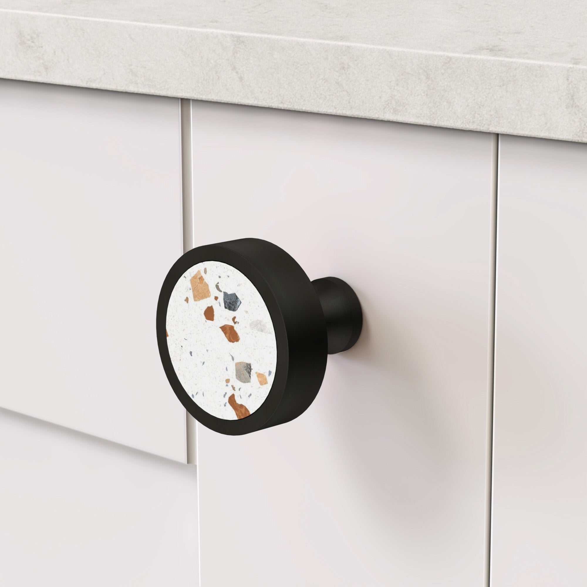 Brass & White Fleck Terrazzo Round Door Knobs in Black