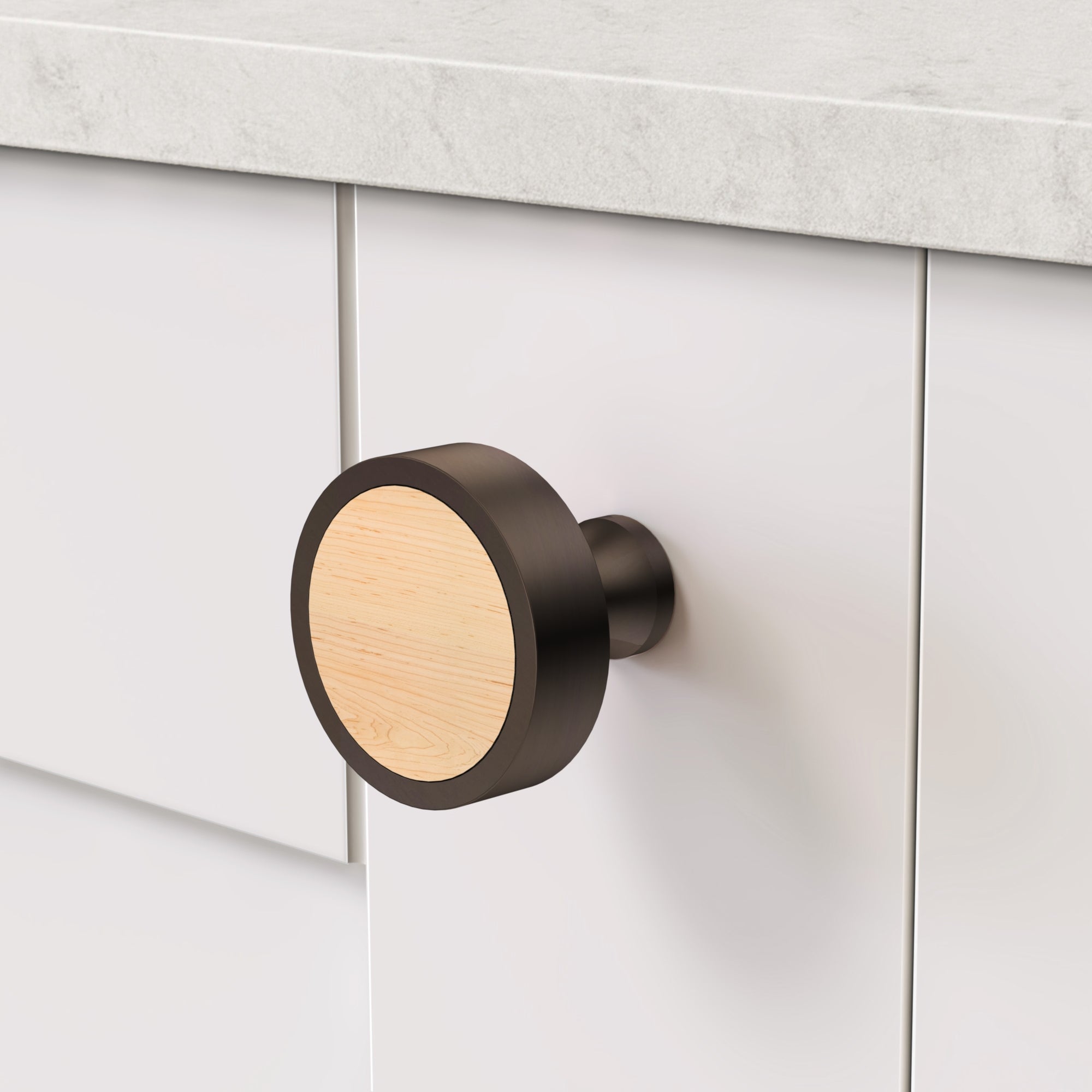 Brass & Maple Wood Round Door Knobs in Bronze