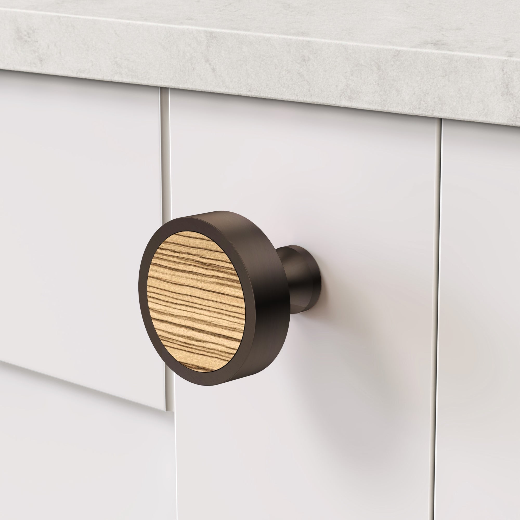 Brass & Zebrano Wood Round Door Knobs in Bronze