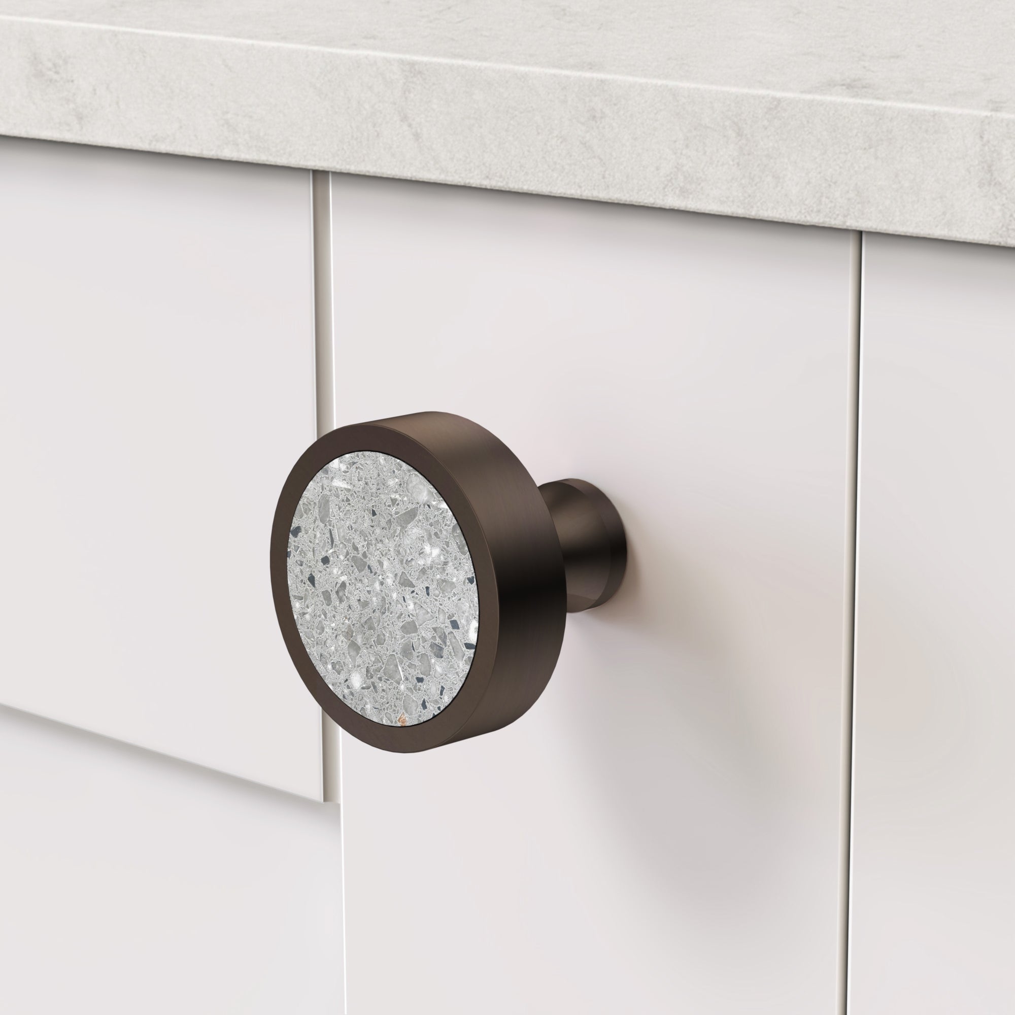 Brass & Grey Terrazzo Round Door Knobs in Bronze