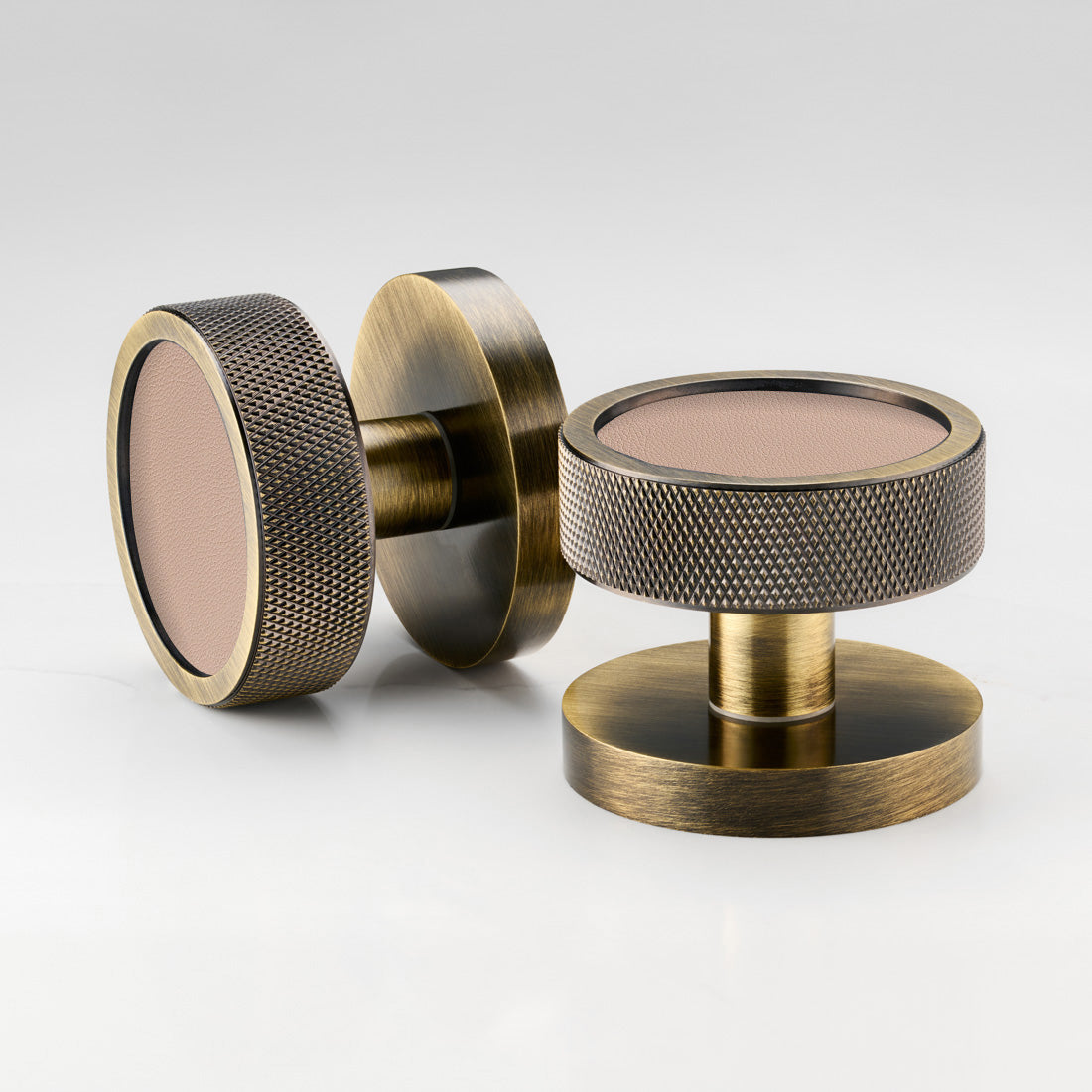 Brass & Leather Mortice Door Knobs in Antique
