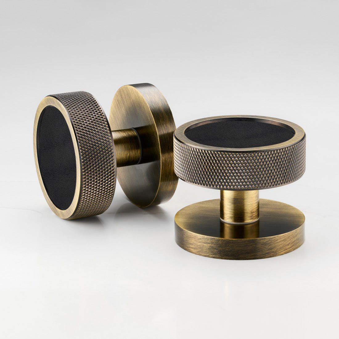 Brass & Leather Mortice Door Knobs in Antique