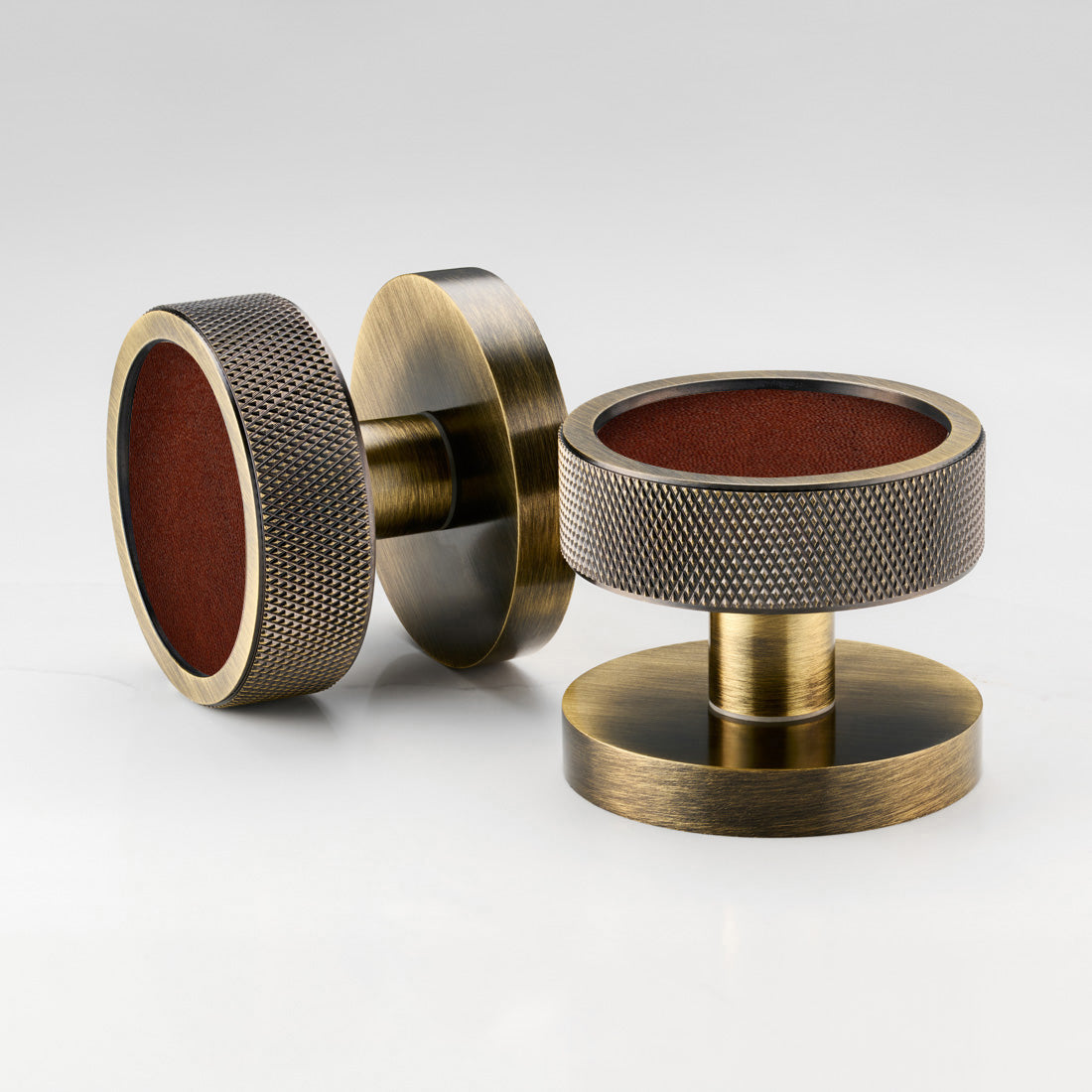 Brass & Leather Mortice Door Knobs in Antique