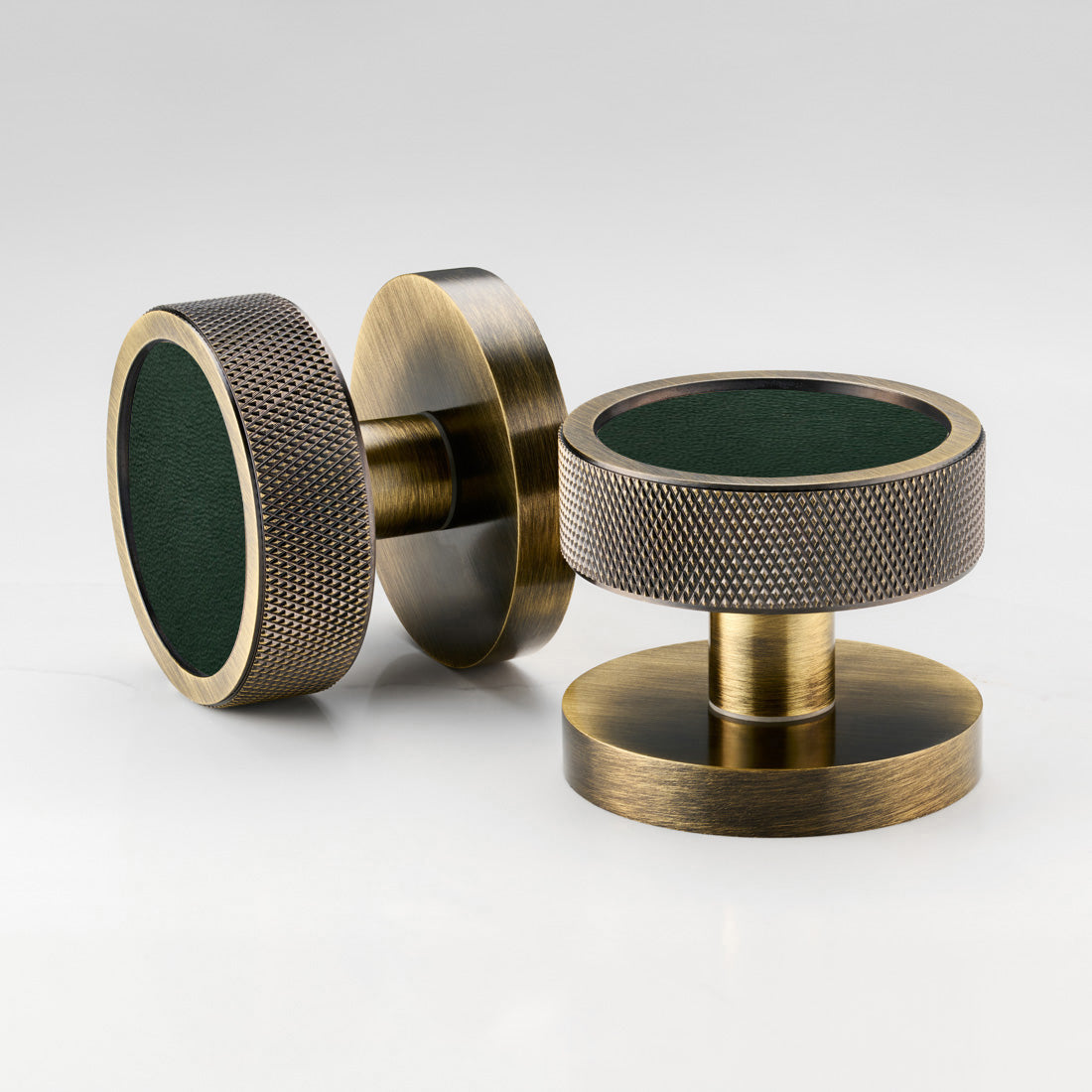 Brass & Leather Mortice Door Knobs in Antique