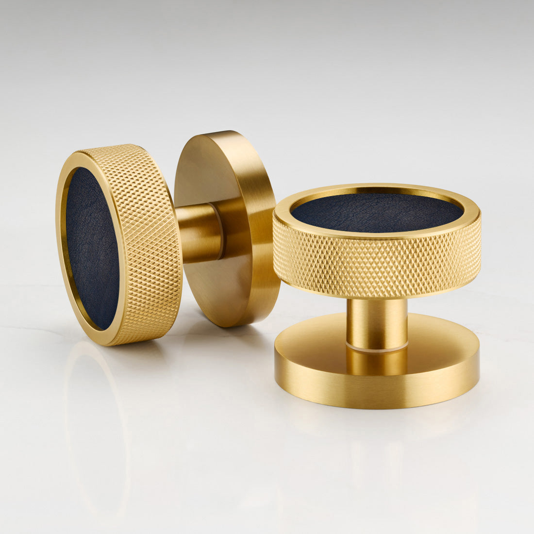 Brass & Leather Mortice Door Knobs in Gold