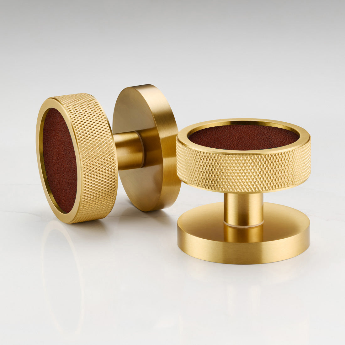 Brass & Leather Mortice Door Knobs in Gold