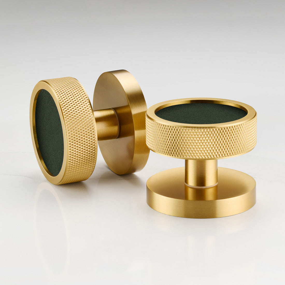 Brass & Green Leather Round Mortice Knurled Door Knobs in Gold