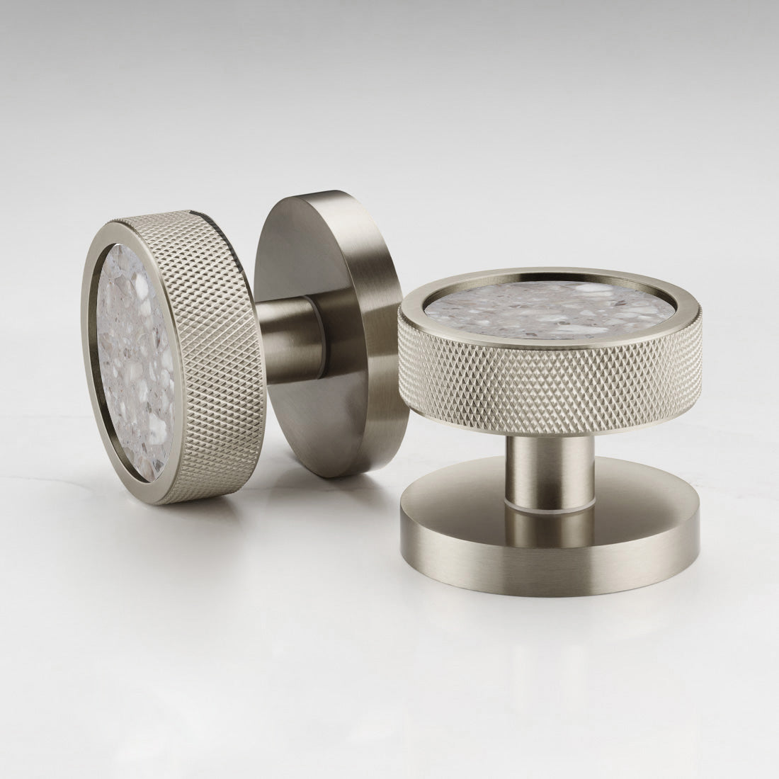 Brass & Terrazzo Mortice Door Knobs in Silver