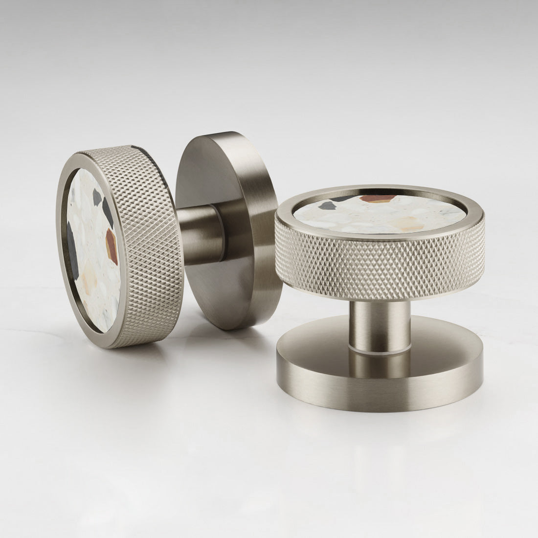 Brass & Terrazzo Mortice Door Knobs in Silver