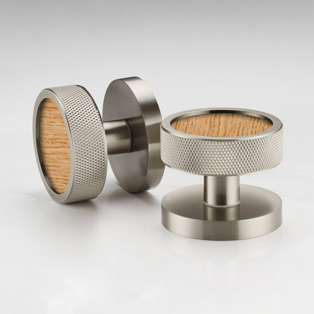 Brass & Wood Mortice Door Knobs in Silver