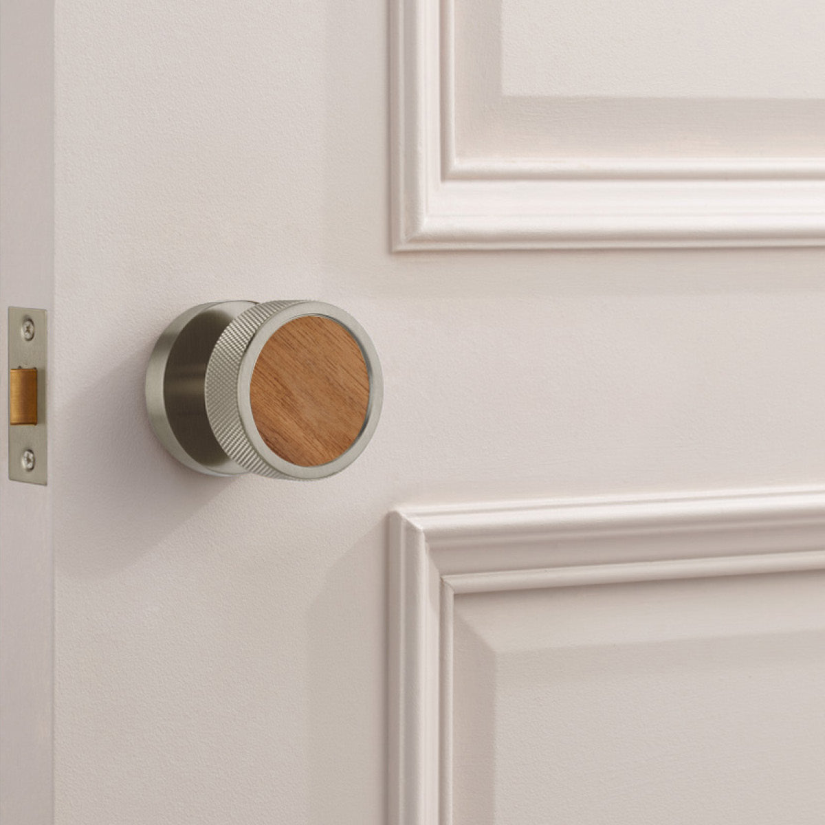 Brass & Wood Mortice Door Knobs in Silver
