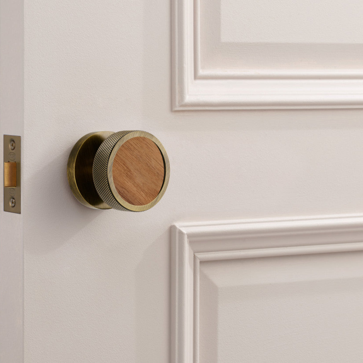Brass & Wood Mortice Door Knobs in Antique