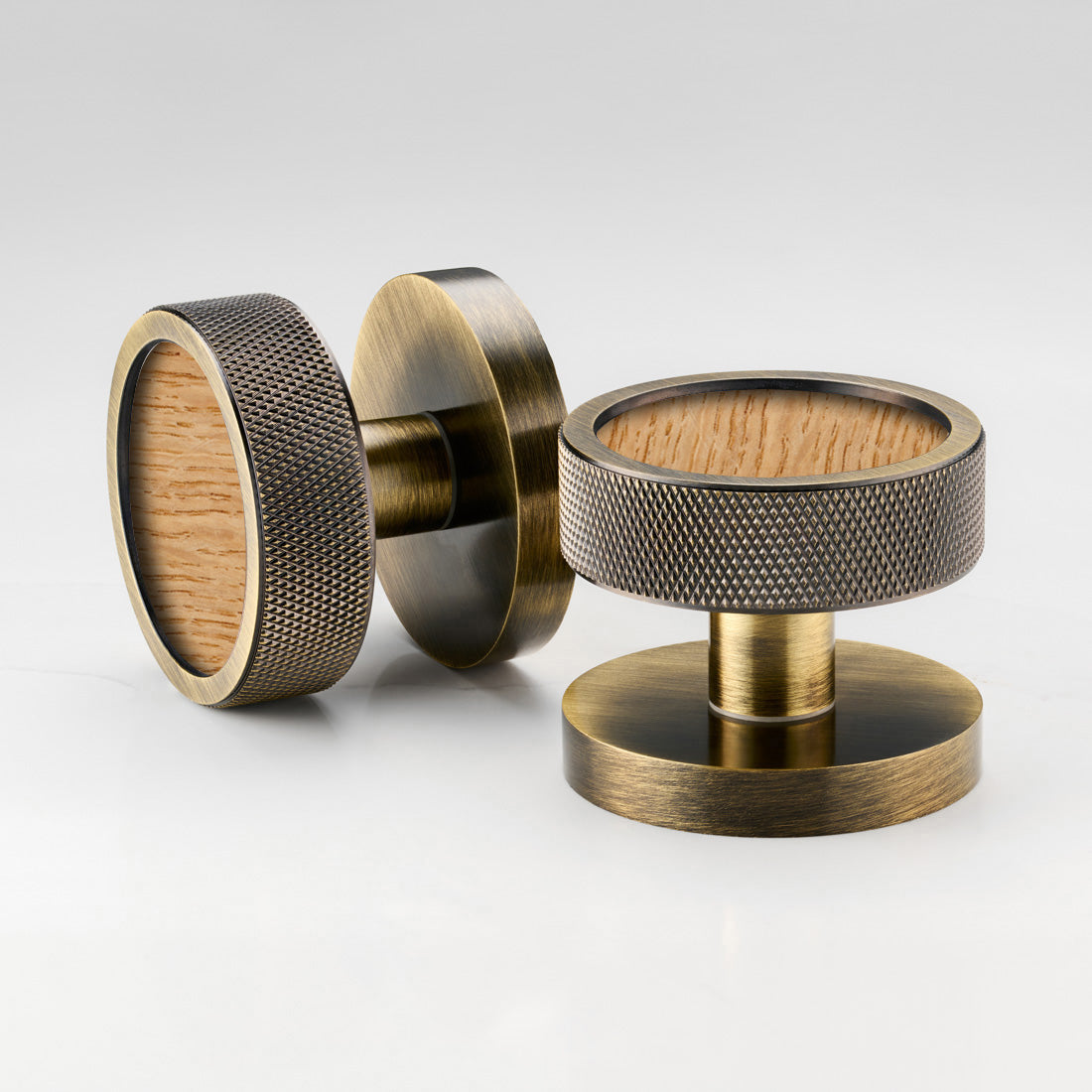 Brass & Wood Mortice Door Knobs in Antique