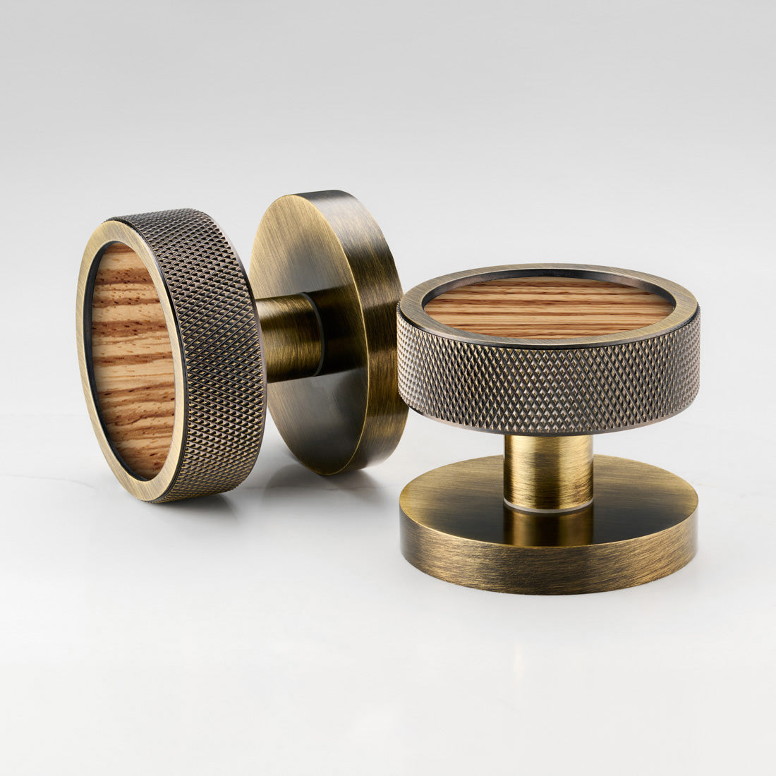 Brass & Wood Mortice Door Knobs in Antique