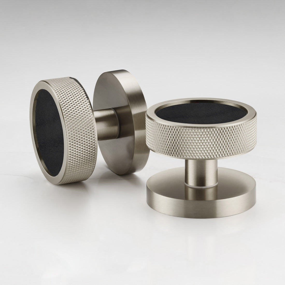 Brass & Leather Mortice Door Knobs in Silver