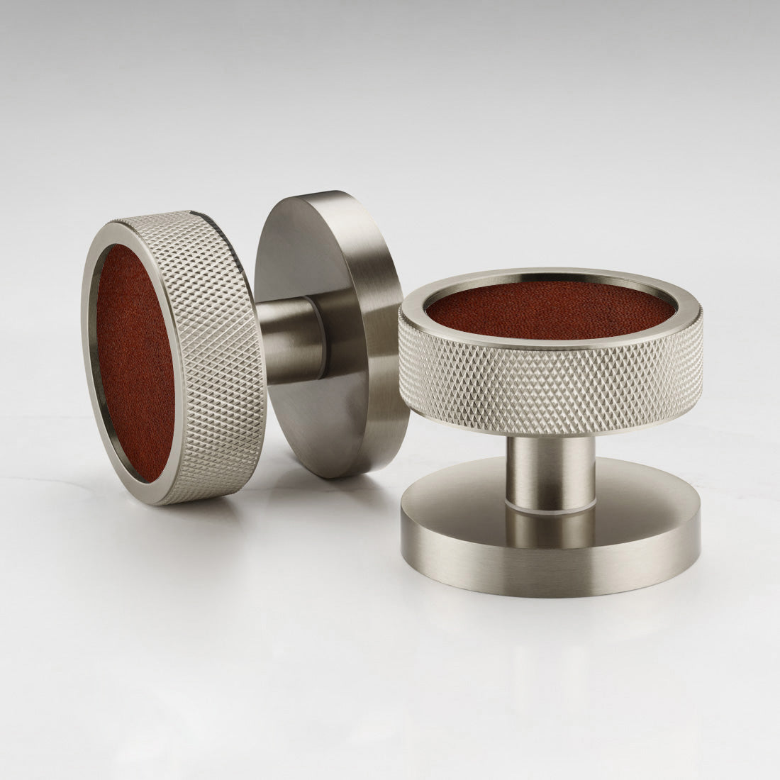 Brass & Leather Mortice Door Knobs in Silver