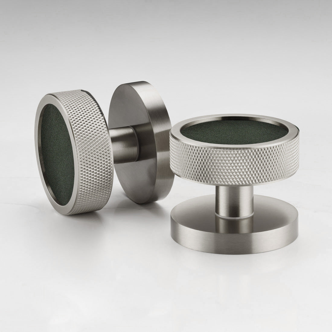 Brass & Leather Mortice Door Knobs in Silver