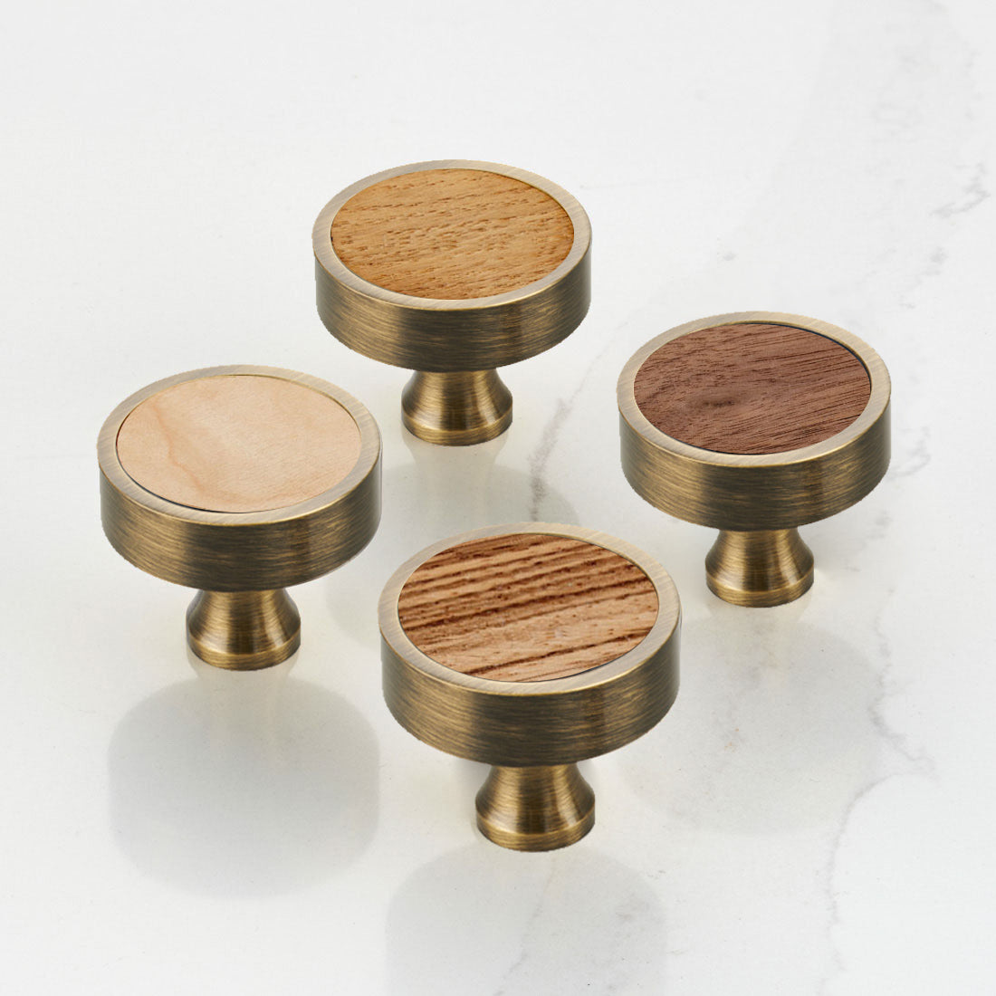 Brass & Zebrano Wood Round Door Knobs in Antique
