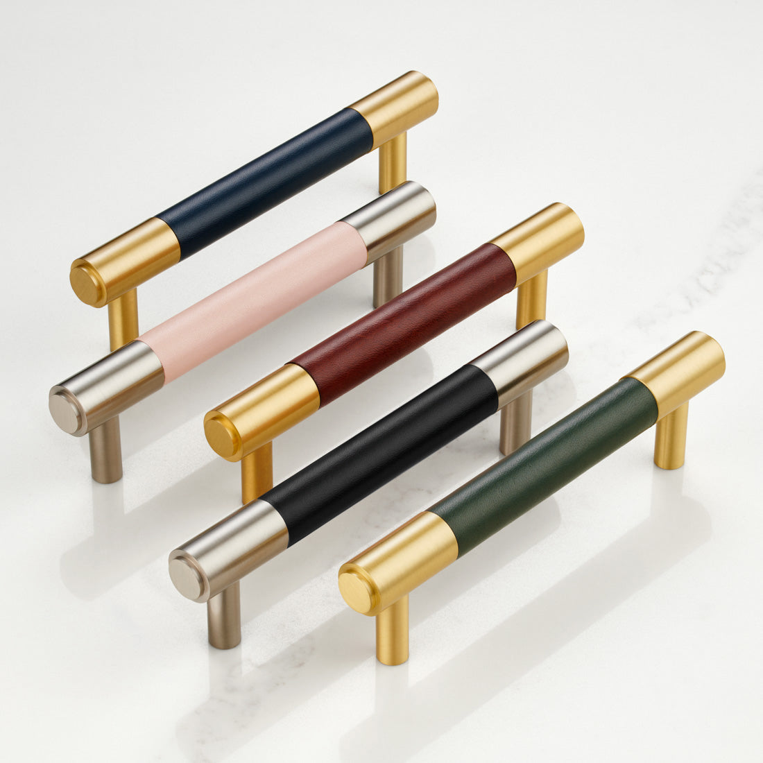 Brass & Black Leather Cabinet Handles in Gold