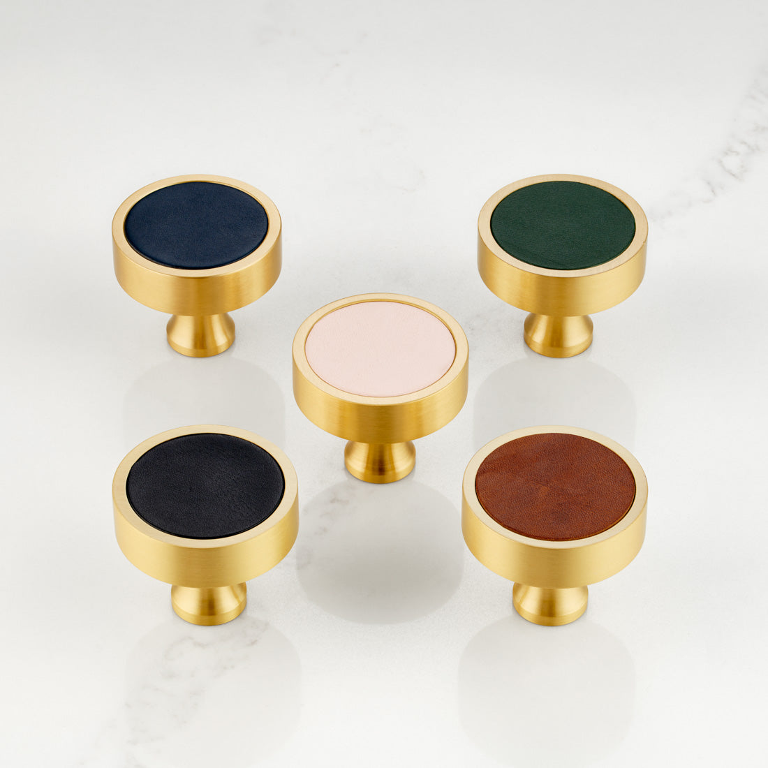 Brass & Brown Leather Round Door Knobs in Gold