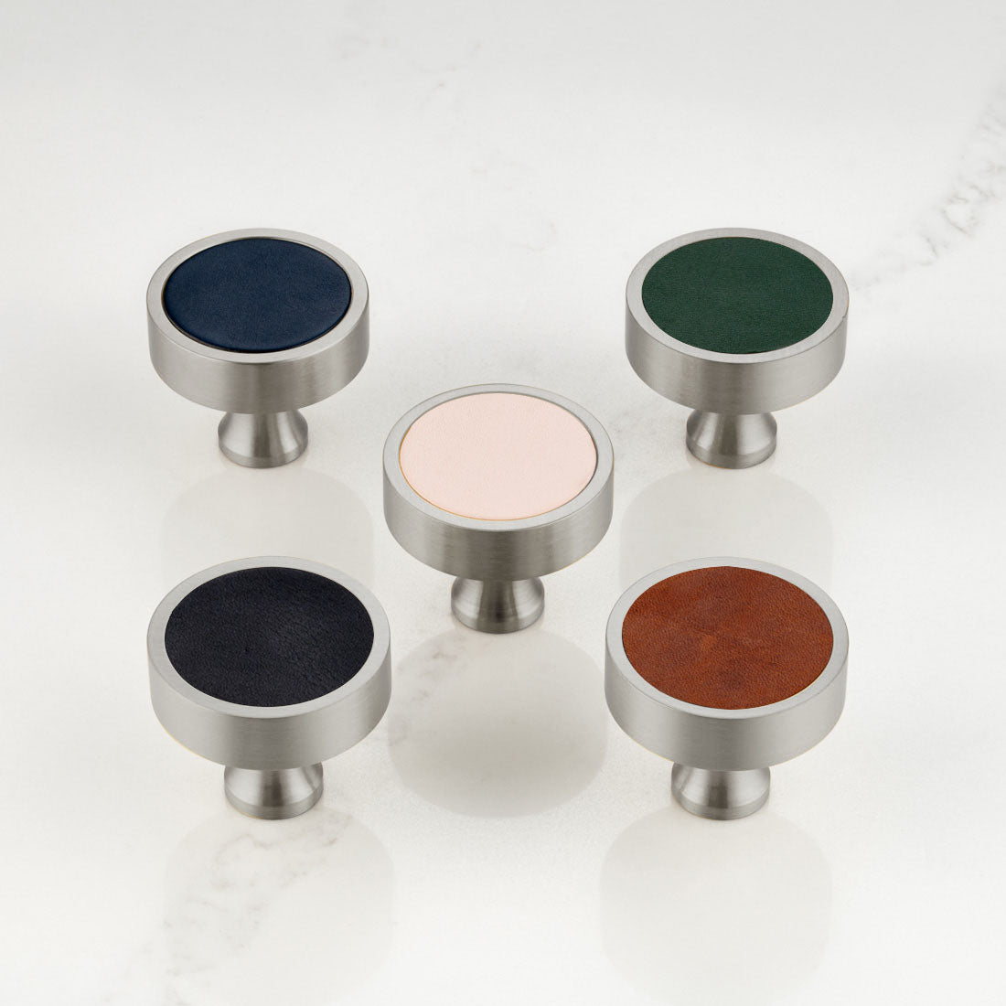 Brass & Pink Leather Round Door Knobs in Silver