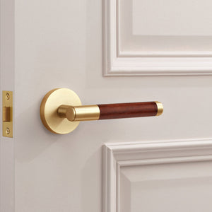 Gold Brass Door Lever Handle with Leather in Brown
