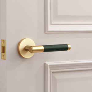 Gold Brass Door Lever Handle with Leather in Green