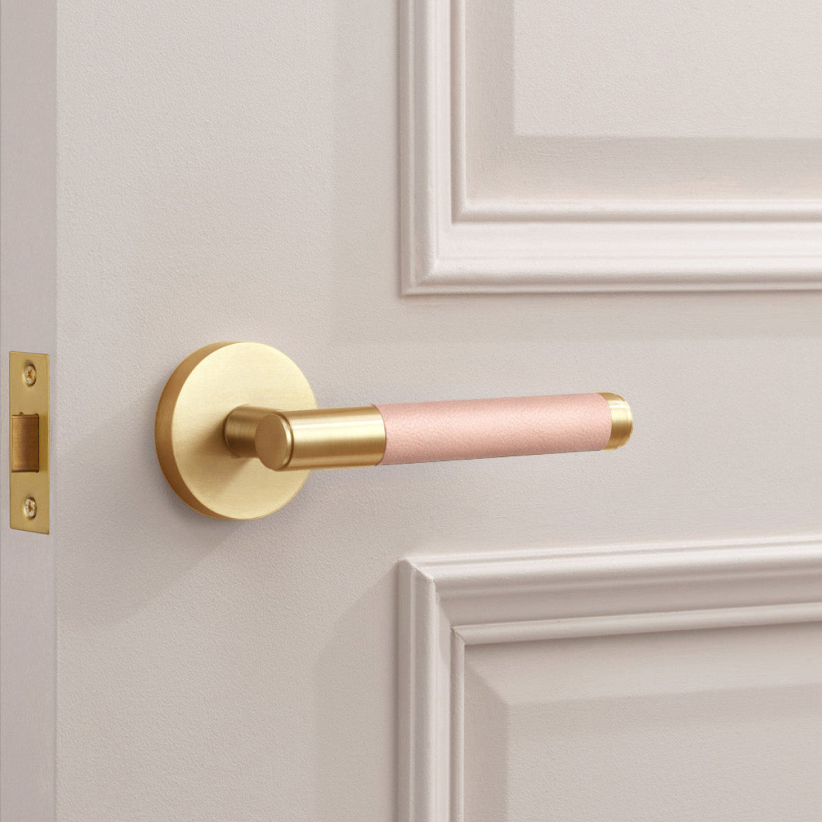 Gold Brass Door Lever Handle with Leather in Pink