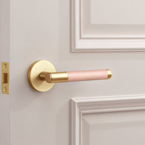 Gold Brass Door Lever Handle with Leather in Pink
