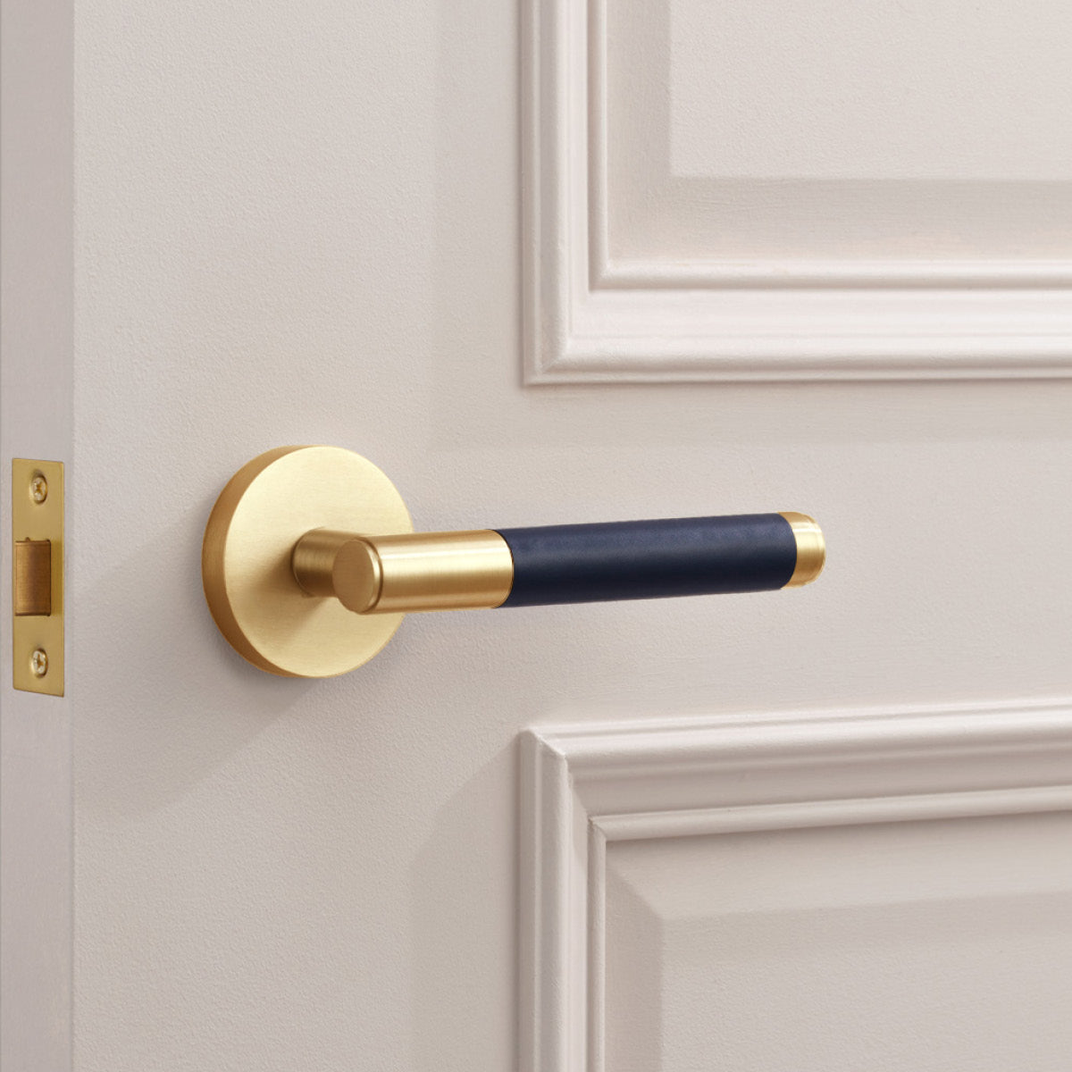 Gold Brass Door Lever Handle with Leather in Blue