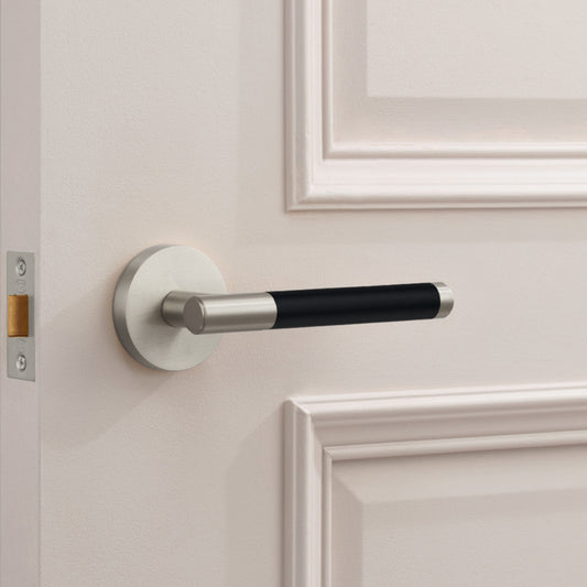 Silver Brass Door Lever Handle with Leather in Black
