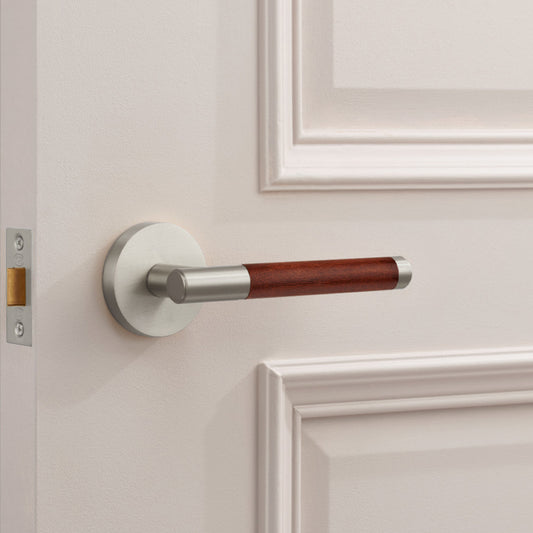 Silver Brass Door Lever Handle with Leather in Brown