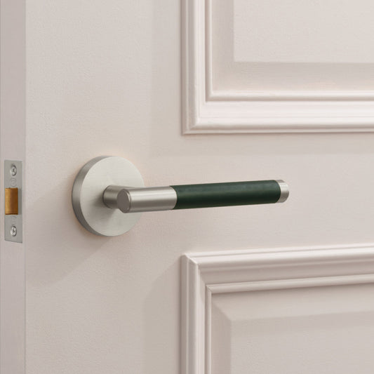 Silver Brass Door Lever Handle with Leather in Green