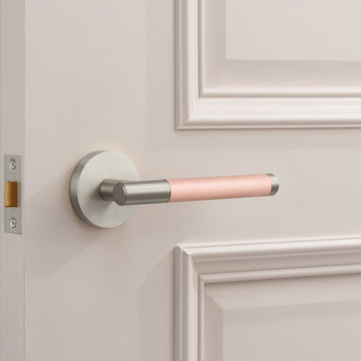 Silver Brass Door Lever Handle with Leather in Pink