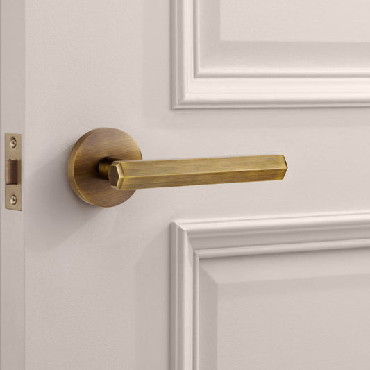 Brass Hexagonal Lever Door Handle in Antique