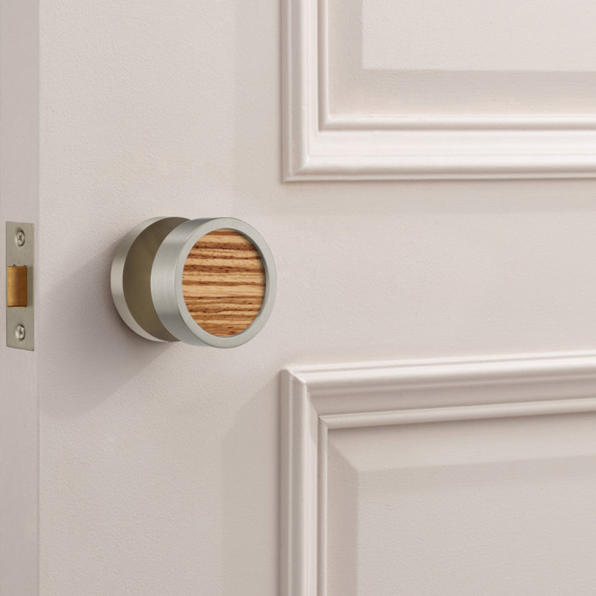 Brass & Wood Mortice Door Knobs in Silver