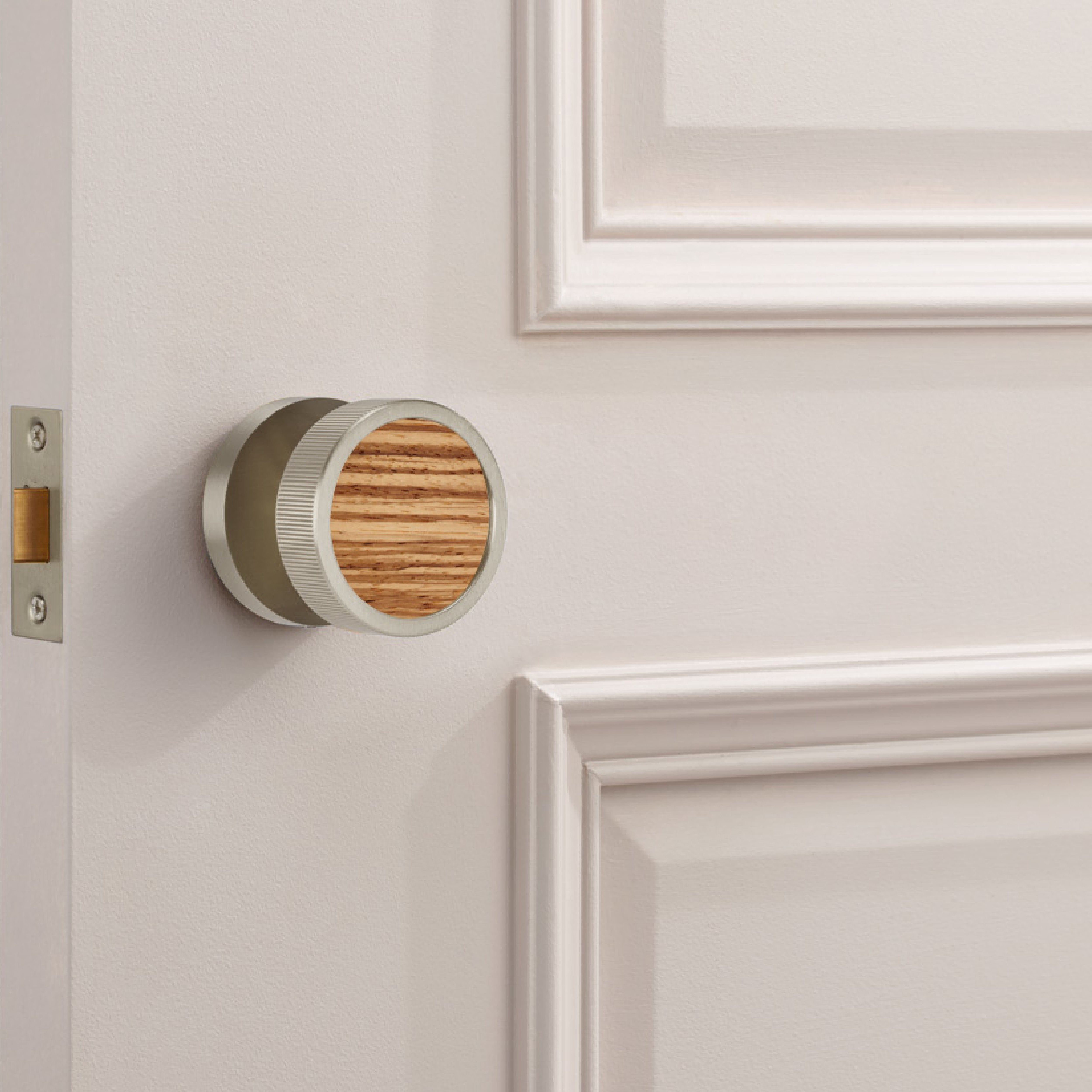 Brass & Wood Mortice Door Knobs in Silver